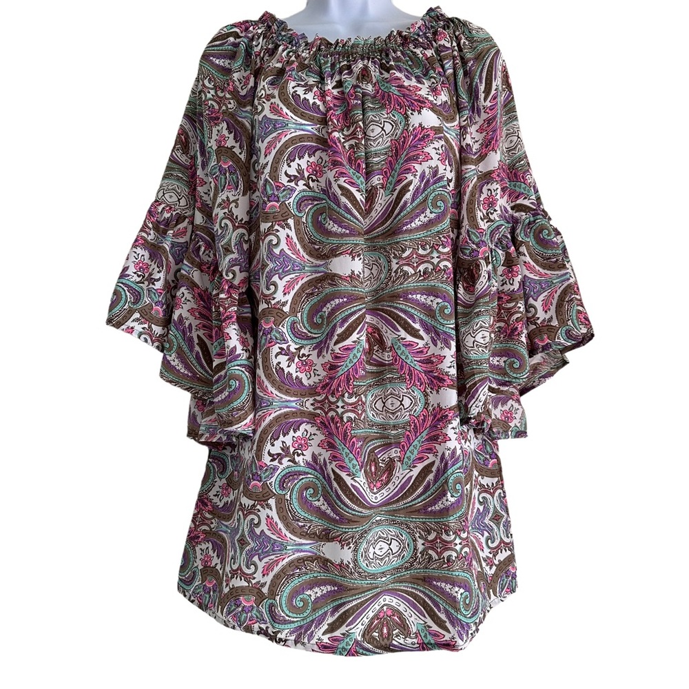 Elan Sanibel Womens Medium Mini Dress Paisley Scoop Neck Bell Sleeve Multicolor